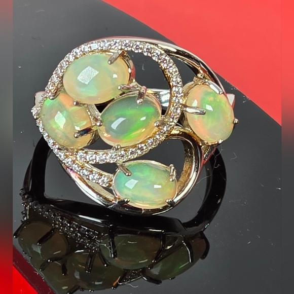 Sunny Jewels Jewelry - 925 Sterling Silver Ring with Natural White Opals & CZ